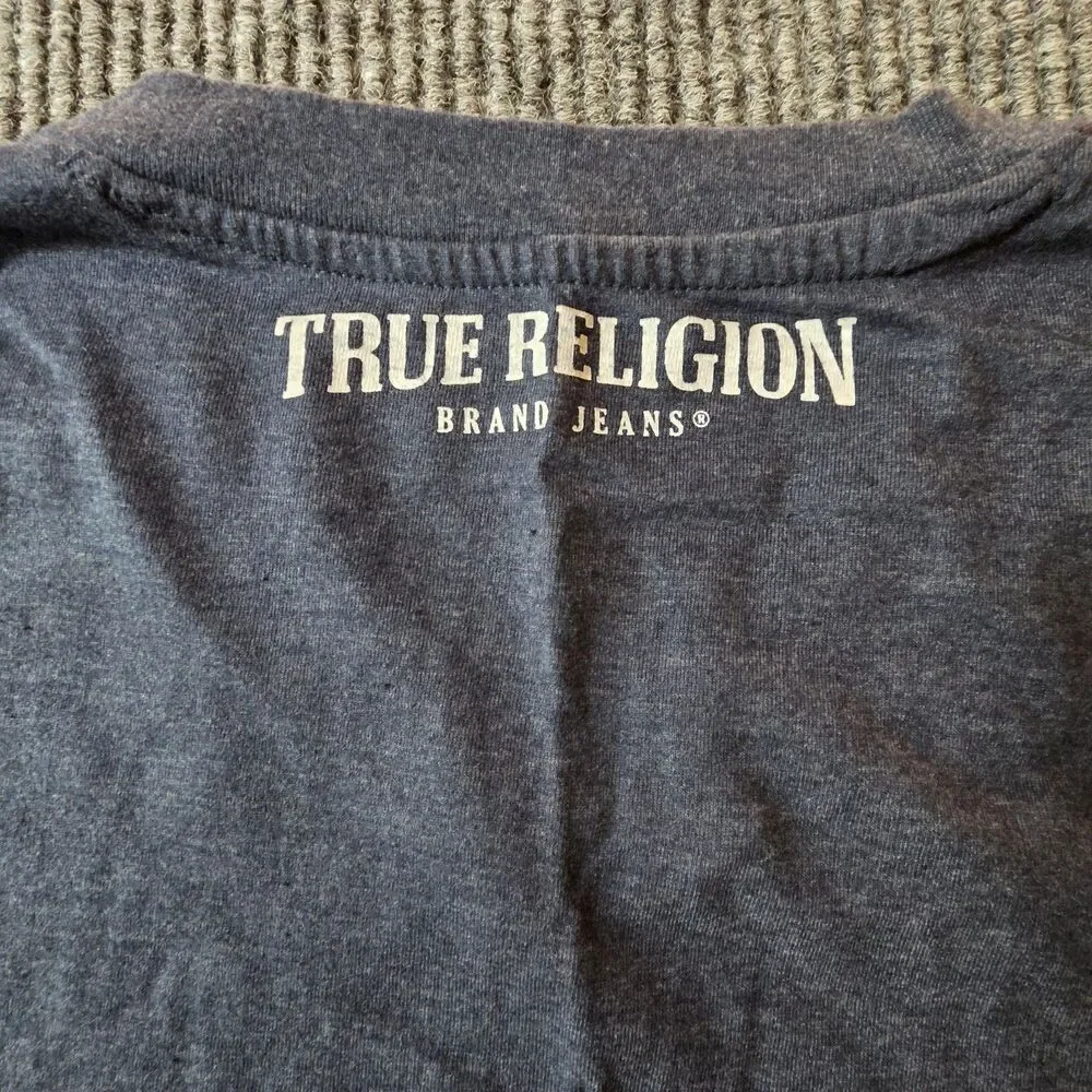 True Religion T Shirt Men's L Blue V Neck Short Sleeve